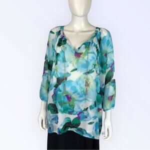 Calvin Klein Floral Blouse Teal Blue & Purple White Chiffon Peephole Top